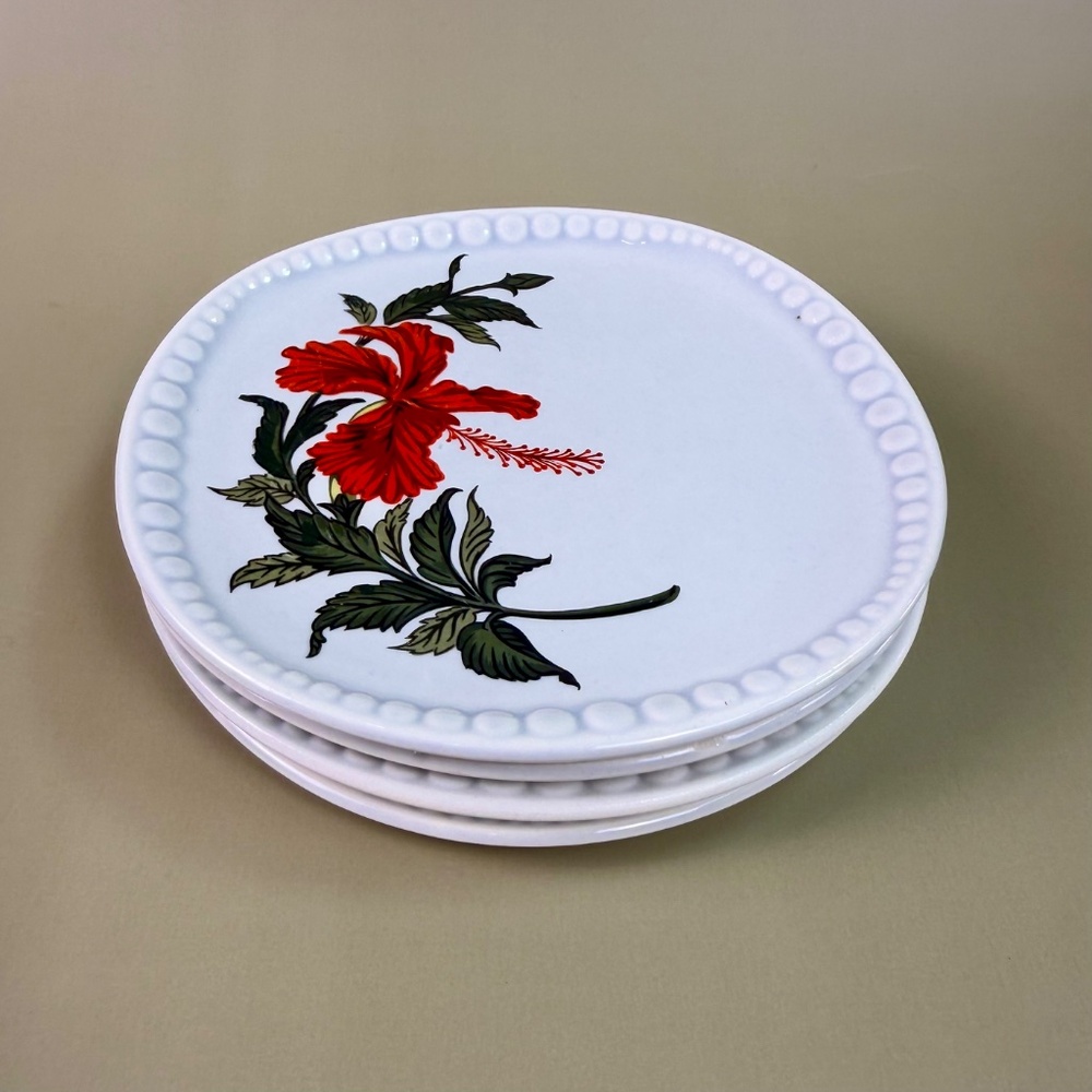 Vintage Gray-Lure by Crooksville 6" Hibiscus Plates – Set of 4 | Mid-Century - Picture 4 of 9
